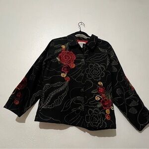 Tantrums Collection black jacket w/embroidered floral design. Sz S. Preowned.